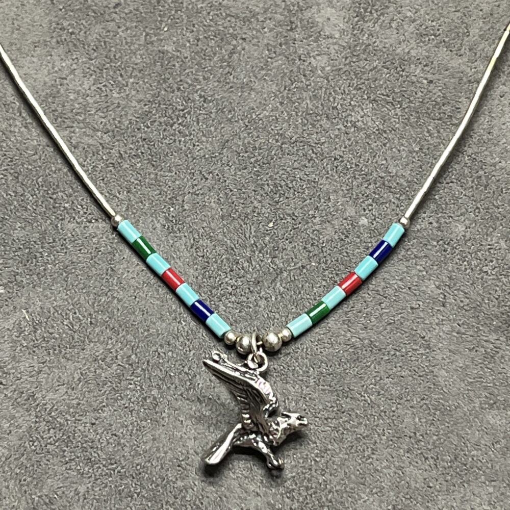 Vintage Sterling Bead 15” Necklace With Eagle Pendant, Multi Color Beads